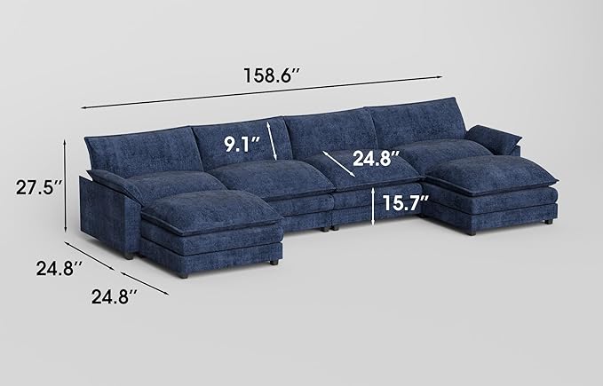 JUMMICO 159” Sectional Sofa Modern Deep 3-Seat Sofa Couch with Reversible Ottoman U-Shaped Chenille Fabric Modular Sofa Sleeper Comfy for Living Room/Bedroom/Apartment (Blue U Shaped Sofa)
