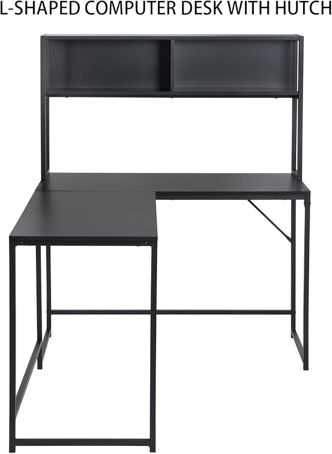 Industrial L-Shaped Desk with Hutch Reversible Corner Computer Desk with Storage Shelves Home Office Study Writing Desk Computer Workstation with Storage Bookshelf Black