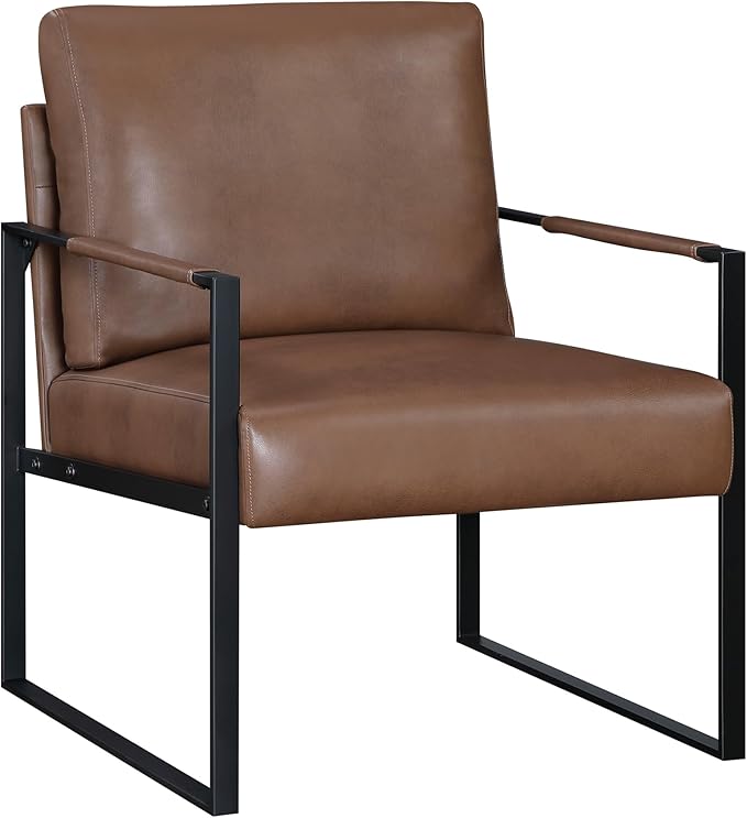 Lexicon Modern Accent Chair Faux Leather Upholstered Living Room Chair with Wrapped Armrests Arm Chair with Black Metal Frame Comfy Single Chair for Living Room/Bedroom/Reading Room/Office Brown