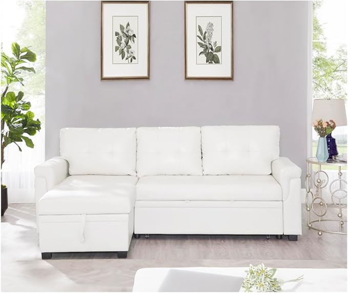 Naomi Home Transform Any Space: Sleeper Sectional Sofa with Convertible Sofa Bed &amp Inviting Chaise &amp Durable Cushions for Lounge Living Room - White/Air Leather