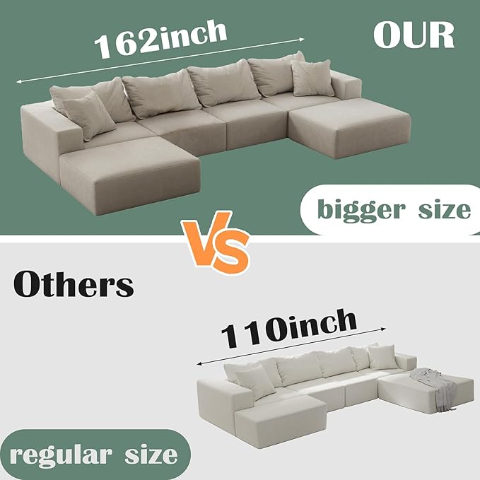197” Modular L-Shaped Sectional Sofa Cloud Chenille Couch with 6 Pillows No-Assembly Customizable Sofa for Living Room &amp Bedroom Beige
