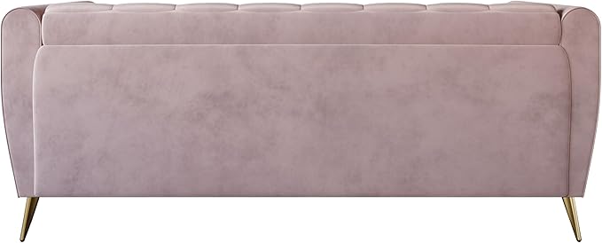 HOME DESIGN Scarlett Glam Velvet Flared Arm 3-Seater Sofa with Channel Tufting 4 Throw Pillows Gold Metal Legs Pink
