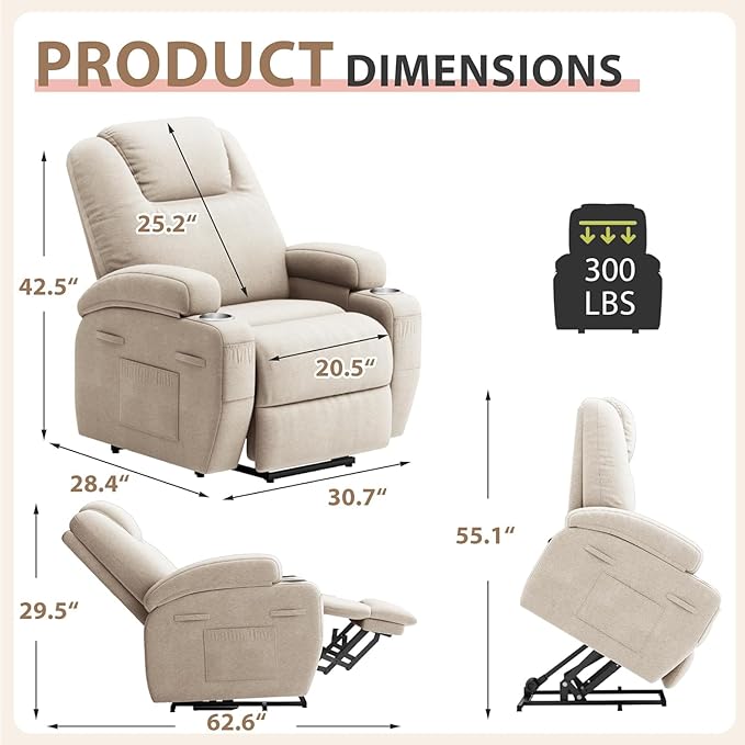 Flamaker Power Lift Chair Massage Recliner Chairs for Elderly - Ergonomic Design with Cup Holders &amp Side Pockets Remote Control (Beige)