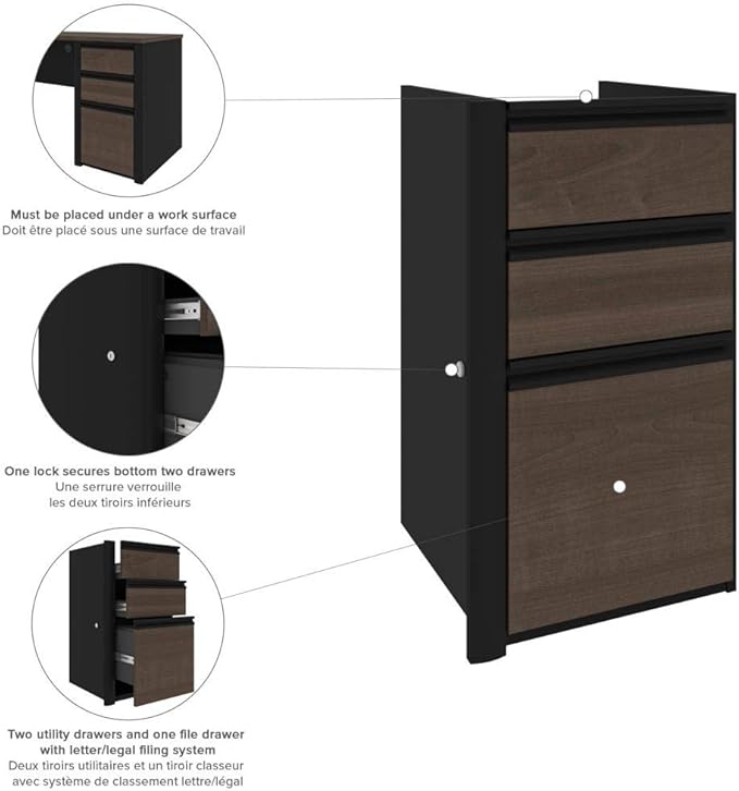 Bestar Connexion Add-On 3 Drawer Pedestal 16W Antigua &amp Black