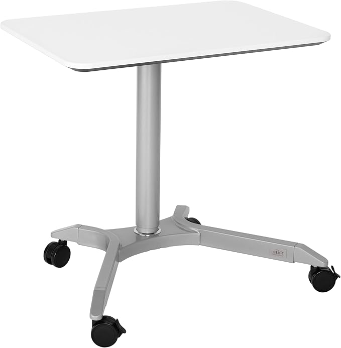 Seville Classics Airlift Height Adjustable Pneumatic Laptop Sit Stand Desk Mobile Rolling Cart Computer Workstation for Home Office Classroom White 28 Premium Desktop (New Model)