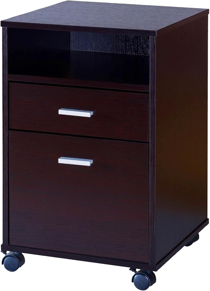 Home Office Desk with Modesty Panel and Detached File Cabinet on Locking Wheels with Two Drawers File Drawer Cubby Shelf Metal bar Handle Red Cocoa Color
