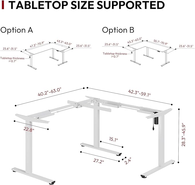 SANODESK Electric Height Adjustable 3 Leg Corner Desk Frame up to 220lbs Sit Stand Ergonomic L Shaped Frame Only White
