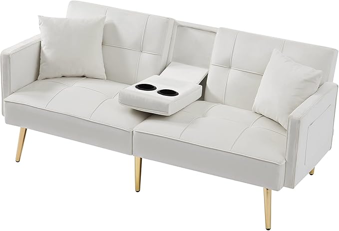 Velvet Futon Sofa Bed with Cup HolderVelvet Small Loveseat Sleeper Bed Modern Folding Sleeper Couch with 2 Pillows and 6 Gold Metal Legs for Living Room. (Off-White)