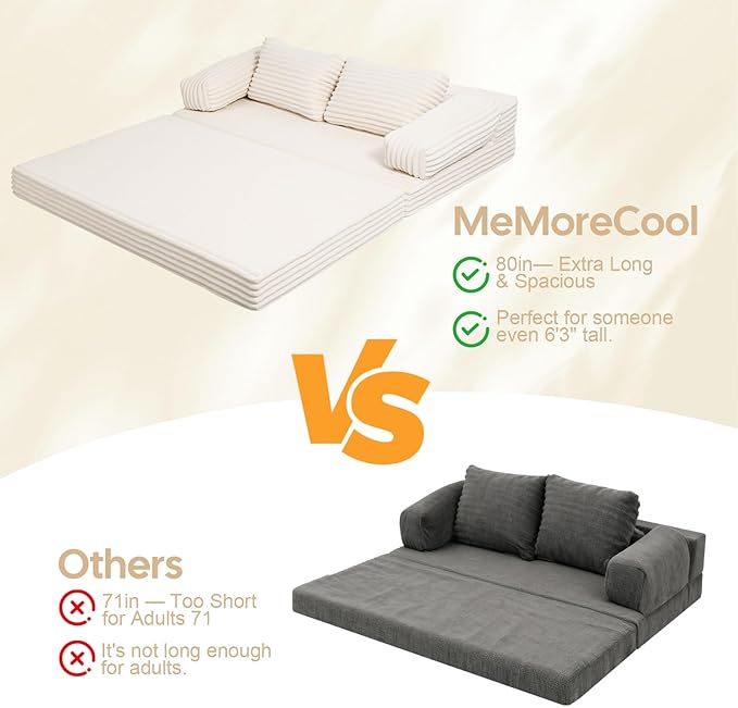 MeMoreCool Convertible Sofa Bed Folding Floor Couch Bed Queen Pull Out Sleeper Couch with Pillows Fold Out Futon Sofa for Bedroom Living Room Small Space Corduroy Beige