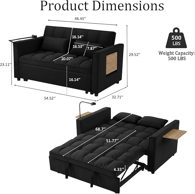 3 in 1 Convertible Sleeper Sofa Bed Pull Out Couch Bed with USB Ports Foldable Tables &amp Phone Stand Adjustable Backrest Velvet Loveseat Futon Couch for Living Room Bedroom Samll Space Black