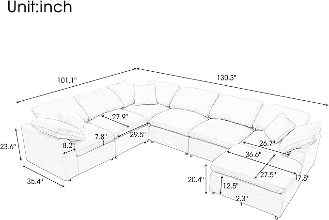 129.3 Oversized Modular Sectional Sofa U Shaped Couch with Movable Ottoman Large 7 Seater Corner Sofa for Living Room Office Spacious Space Grey