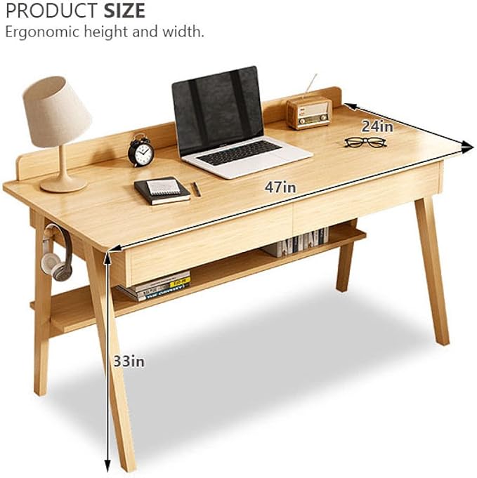 Writing Desk Home Office Workstation Computer Desk Mid-Century Modern Walnut Desk with 2 Drawers and Storage Shelves(47 Inch Walnut)