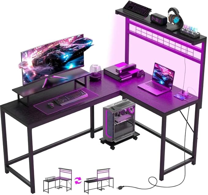 61.6'' L Shaped Gaming Desk with Power Outlets &amp LED Lights Reversible Computer Table with Monitor Stand and CPU Shelf Cornor Office Table PC Desk for Writing Study (Black)