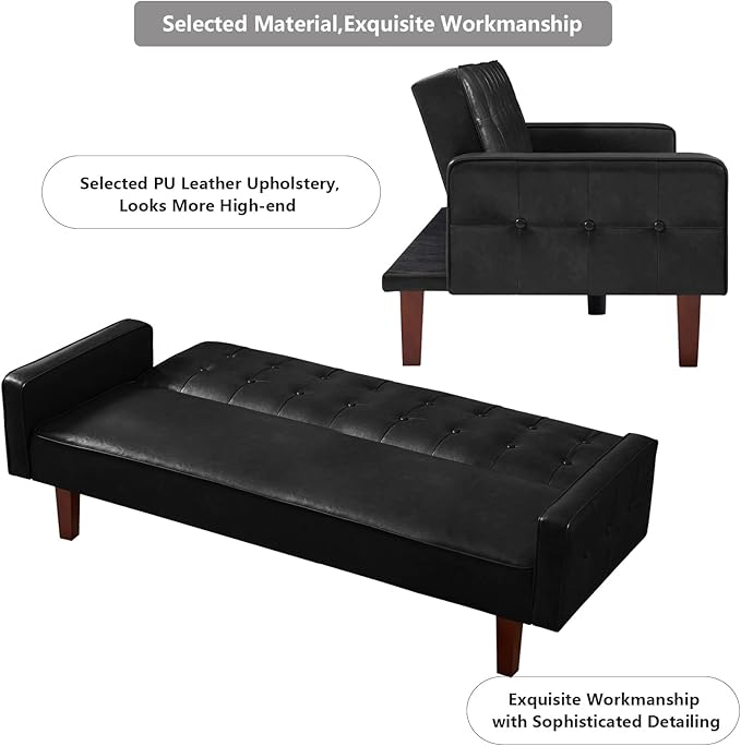 mikibama PU Faux Leather Futon Sofa Couch Upholstered Convertible Sleeper Sofa Bed Futons Modern Tufted 3 Seater Sofa Bed Couch for Living Room Apartment Small Spaces with Solid Wood Legs