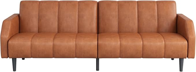 Fadware Faux Leather Couch Convertible Futon Sofa Bed with Adjustable Backrest Mid Century Leather Sofa Loveseat with Side Pockets&amp Metal Leg Modern Leather Sleeper Sofa for Living Room Bedroom