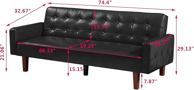 Vegan Leather Sofa Bed Sleeper Couch 74.4 Inch Convertible Loveseat Size for Small Space 3 Seater Chesterfield Button Tufted for Office Apartment Dorm Living Room Black
