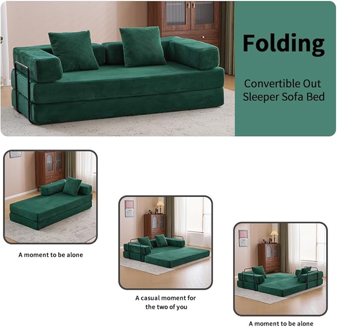 77 Convertible Sleeper Sofa Bed with Fixed-Shape Frame Modern Corduroy Folding Boneless Couch with 2 Pillows Comfy Floor Sofa Couch for Living Room No Assembly Required Emerald Green