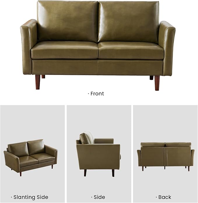 Kingfun Faux Leather 3 Seat Couch Set for Living Room Mid Century Modern Sofa with Rolled Arms and Deep Seats Fluffy Comfort for Apartment Easy to Assemble Olive Green Loveseat and Chair
