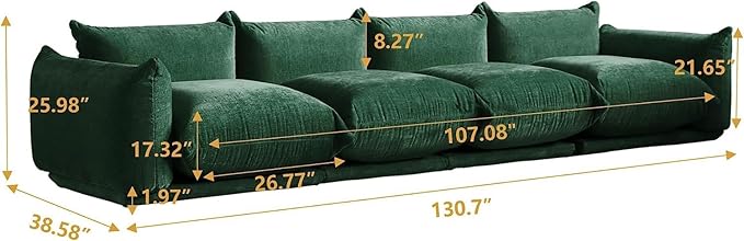 JACH Mid-Century Modern Large 4 Seater Couch Chenille Sectional Sofa 4 Seats Modular Couches with Thick Cushion 130 Plush Sofas Furniture for Living Room Bedroom Office Apartment Green