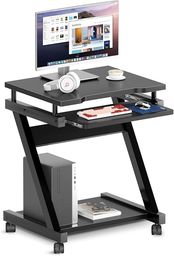 sogesfurniture Mobile Compact Computer Desk Cart for Small Spaces Portable Computer Desk Small Rolling Work Workstation for Home and Office with Printer Shelf Keyboard DrawersBlack