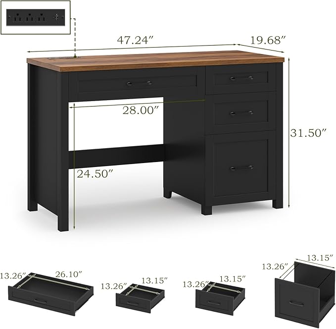 Vabches Farmhouse 47 Executive Desk with 4 Drawers Computer Desk with File Drawer and Charging Station Workstation for Home Office Study.（Black Brown）