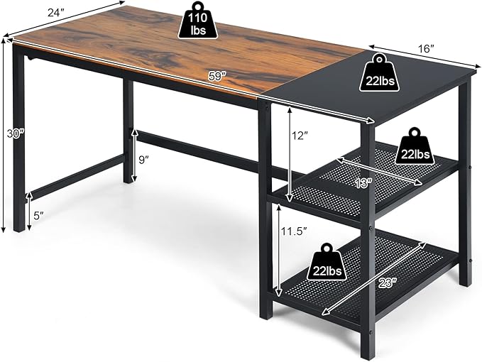 COSTWAY 59” Computer Desk with 2 Removable Storage Shelves Industrial Writing Workstation with Headphone Hook for Home Office Gaming Desk (Rustic Brown)