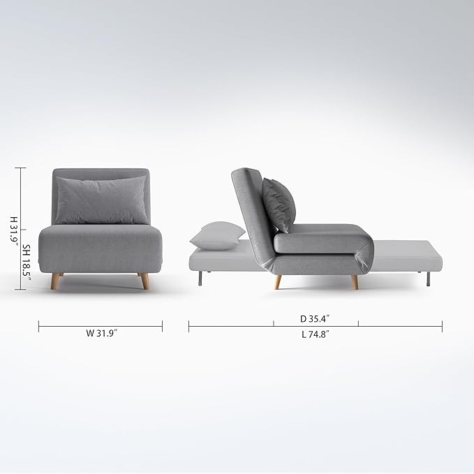 Convertible Sleeper Chair 3 in 1 Folding Single Chair Sleep Turns into Bed Sofa Bed for Adults Foldable Twin Chaise Lounge for Living Room Bedroom Sturdy Wood Frame and Easy Assembly