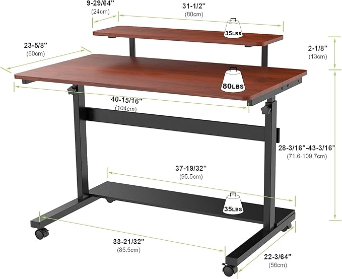 Eureka Ergonomic Mobile Standing Desk 41 Inch Lockable Home Office Height Adjustable Computer Desk PC Table with Hutch Teak Top