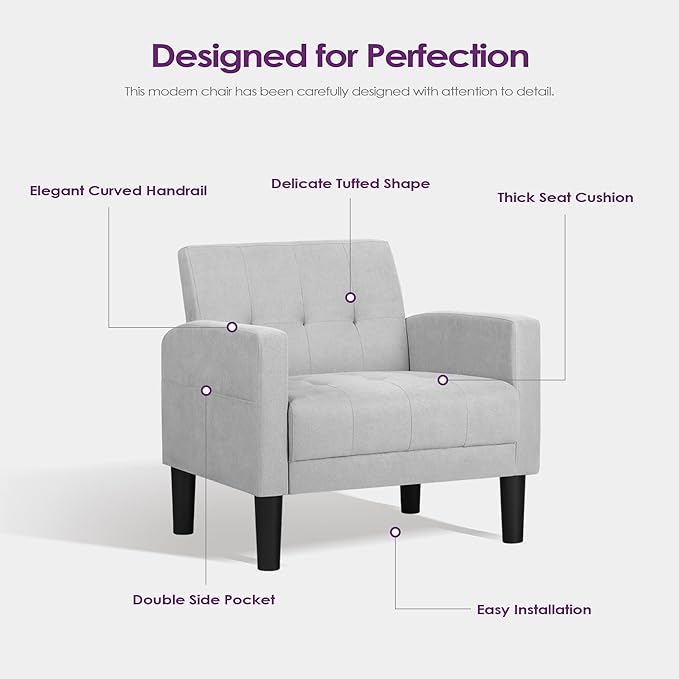 TYBOATLE Accent Chair Sets of 2 Living Room Chairs Cozy Tufted Mid Century Modern Chairs with Arms for Bedroom Comfy Reading Arm Chair Small Chairs for Small Spaces Living Room Office (2 Light Grey)