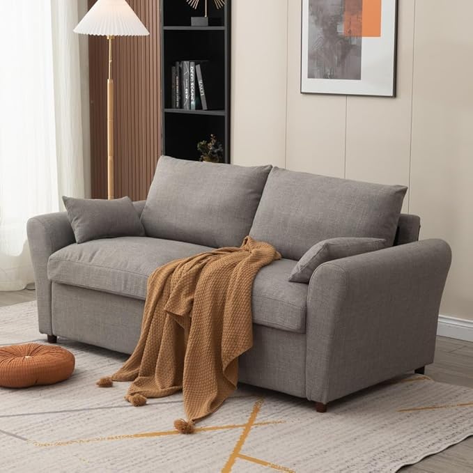 Panana Modern 3 Seater Couch Seette Linen Fabric Grey Sofa with Under Storage Compartment for Small Apartment 180 x 80 x 80cm (Light Grey Sock Arm)