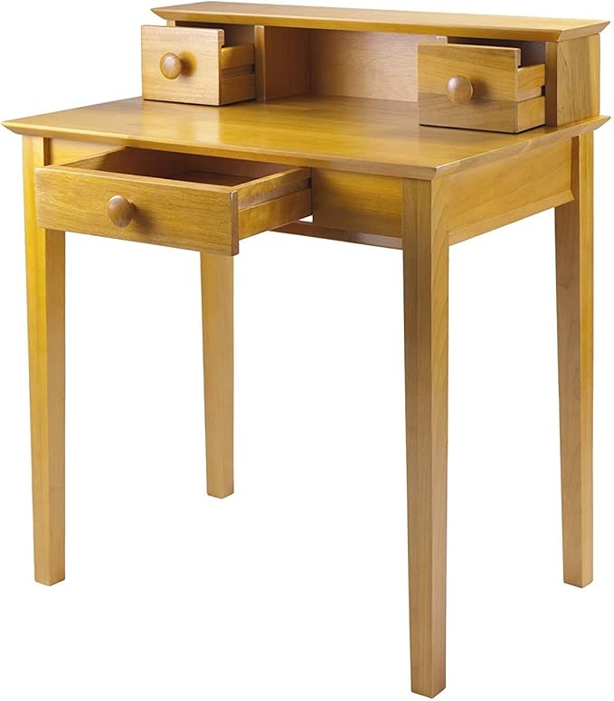 Maykoosh Writing Desk with Hutch - Honey Pine Finish 3 Drawers Home Office Desk Light Wood Workspace