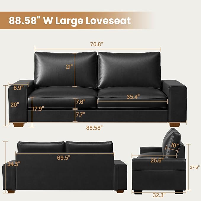 Modern Faux Leather Sofa Large Couch with Spring Cushions &amp Solid Wood Frame Easy-to-Clean Removable Cover Spacious Living Room Family Furniture Extra Long Couch (88.58 Black)