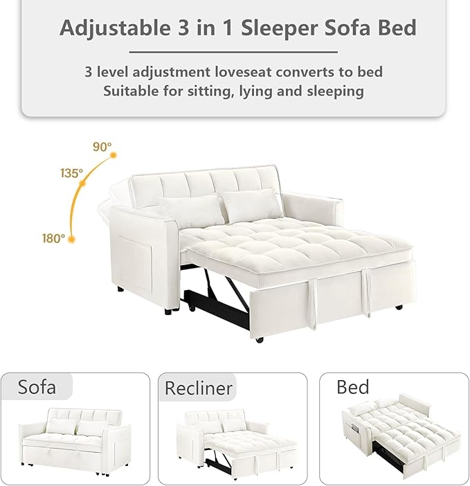 3 in 1 Convertible Sleeper Sofa BedFuton Pull Out Couch with Adjustable BackrestVelvet Fabric Loveseat Sofa with Side Pocket for Bedroom Living Room (Beige)