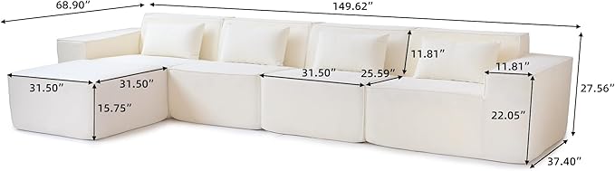 JACH L-Shaped Cloud Sectional Couch 149 Huge Plus Modular Sofa Modern Comfy Cloud Couches with Reversible Chaise Ottoman Sofas Furniture for Living Room Office Apartment Beige
