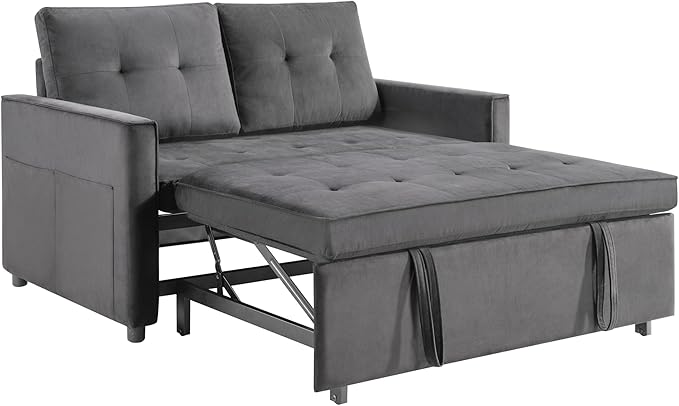 Sofa Bed Pull Out Couch with Side Pockets 3 in 1 Velvet Fabric Loveseat Sleeper Sofa Bed Pull Out Couch with Adjustable Backrest for Living Room Bedroom Apartment Gray 53 Inch