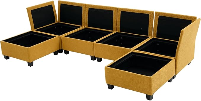 U Shaped Modular Sectional Sofa Couch with Storage Ottoman 6 Seat Convertible Upholstered Deep Seat Sofa with Chaise Lounge Comfy Cloud Couch for Living Room Mustard Yellow