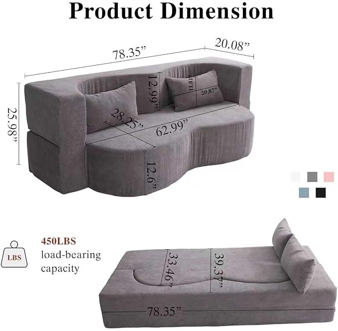 78.35 Loveseat Sofa Bed Modern 2-in-1 Convertible Curved Floor Love Seat Couch Teddy Fabric Memory Foam Cloud Couch with 2 Pillows No Assembly for Living Room Apartment Small Space (Grey)