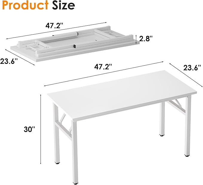 SDHYL 47 inches No Assembly Foldable Computer Desk for Home Office Modern Folding Portable Study and Writing Table Conference Workstation with Metal Frame White