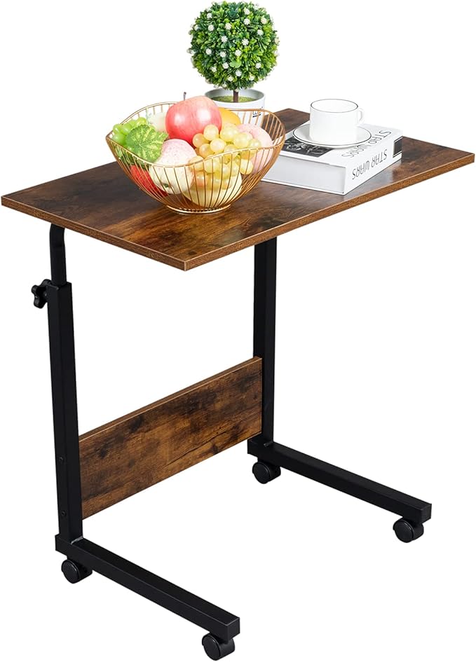 Side Mobile TableComputer Desk with Wheels Height Adjustable Rolling Potable Laptop Cart C-Shaped Bed Couch End Tables for Living Room Bedroom (Retro M)