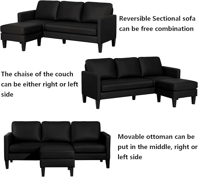 Leather L-Shaped Faux Leather Sofa Couch - Convertible Sectional Sofa - 3 Seat Couch with Chaise - Black