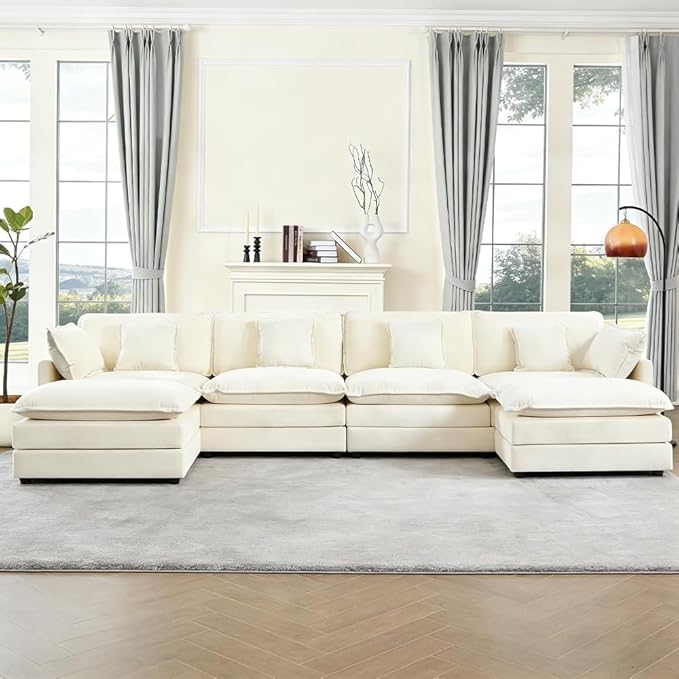 KIVENJAJA Oversized U-Shaped Cloud Modular Sectional Sofa Modern Chenille 4-Seater Deep Seat Couch with 2 Ottomans/Chaises &amp 6 Pillows for Living Room Office 146.5”W Beige