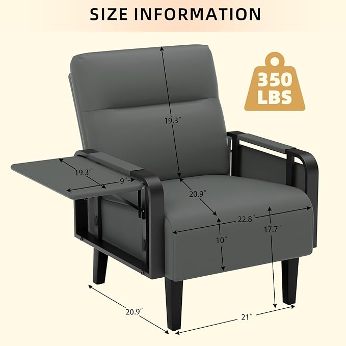 Modern Accent Chair Mid Century Armchair with Side Table &amp Wood LegsUpholstered Faux Leather Sofa Side Chairs for Living Room Reading OfficeBedroom(Grey)