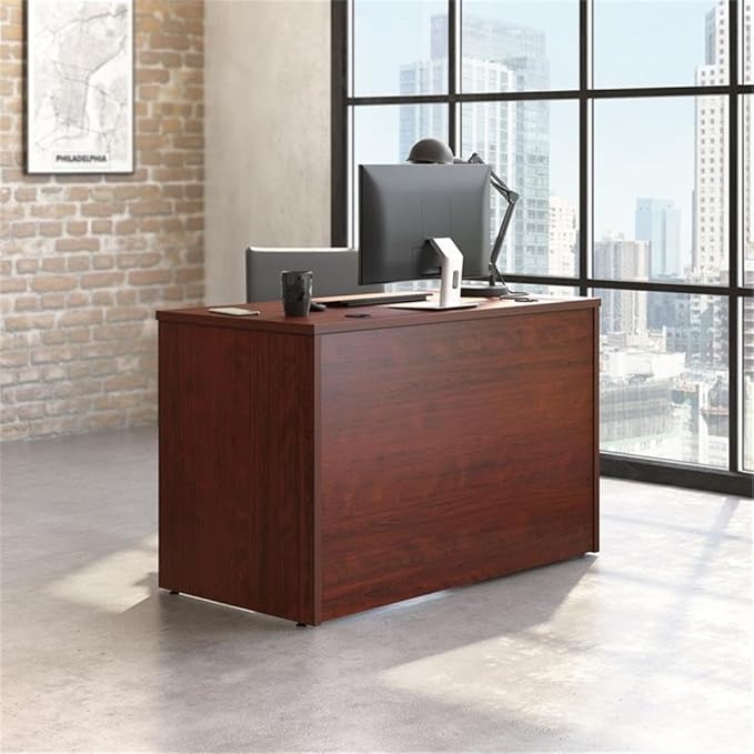 Pemberly Row 48 x 24 Computer Desk Engineered Wood Classic Cherry Finish Durable Melamine Top with Cord Management Adjustable Levelers Heat/Stain/Scratch Resistant Home Office Desk