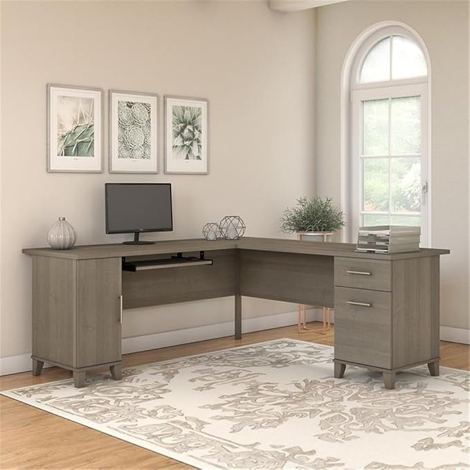 BOWERY HILL 72W L Shaped Desk Ash Gray Engineered Wood Pullout Keyboard Tray Storage Cabinet with Adjustable Shelf File Drawer Contemporary Home Office Desk Indoor Use Office Workstation
