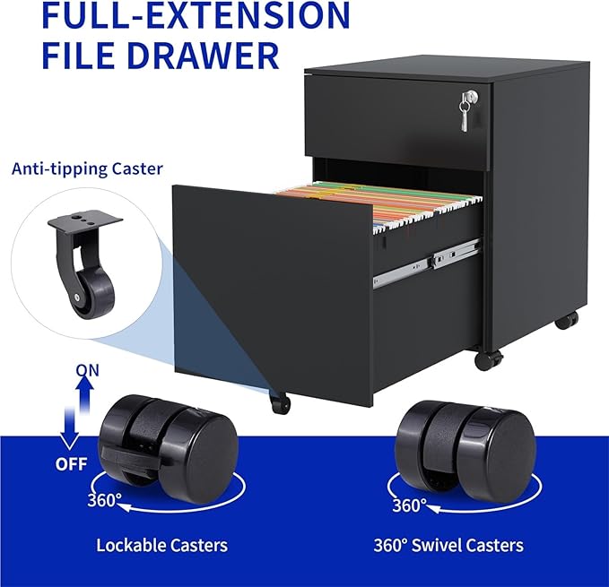 Mobile File Cabinet Steel Mobile File Cabinet with 2 Drawers Lock for Home Office Letter A4(White)