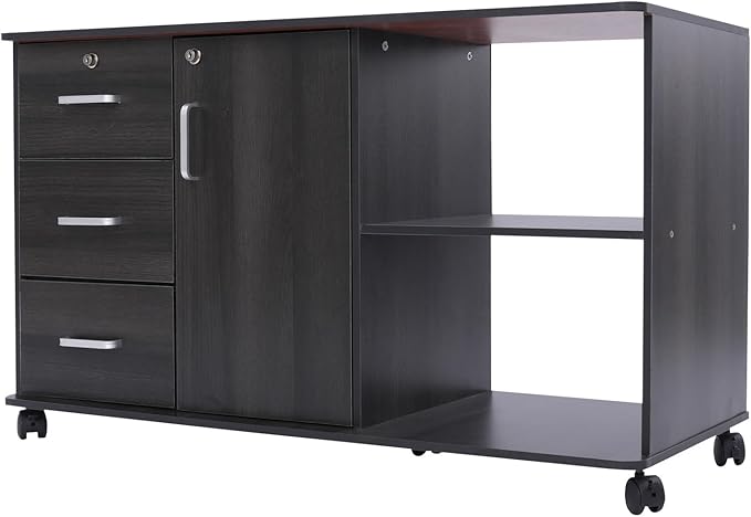 3 Drawer Mobile File Cabinet Wood Lateral Filing Cabinet Printer Stand with Open ShelvesLocking File Cabinets for Home Office
