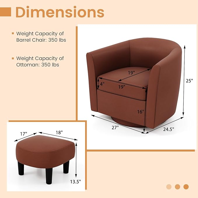 GOFLAME Swivel Barrel Chair with Ottoman Modern Faux Leather Accent Chair with Footrest Curved Backrest Removable Seat Cushion Upholstered Club Tub Sofa Chair for Bedroom Living Room Brown