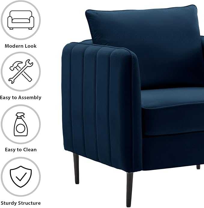 Modern Velvet Accent Chair Single Sofa Chairs Armchair with Square Arm Upholstered Accent Chairs for Living Room Bedroom Apartment (Navy Chair)