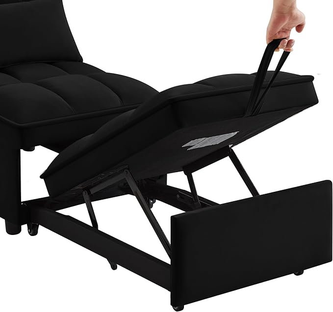 LUMISOL 4 in 1 Loveseat Sofa Bed with Armrests and Storage Pockets Multifunctional Tufted Pull-Out Sofa Bed with Adjustable Backrest and Pillows Convertible Loveseat Sofa Couch 1 Seat Black