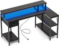 Simple Deluxe 47-inch L-Shaped Gaming Desk with LED Lights &amp Power Outlets Reversible Corner Computer Desk with Monitor Riser Drawer &amp Shelves for Home Office Black